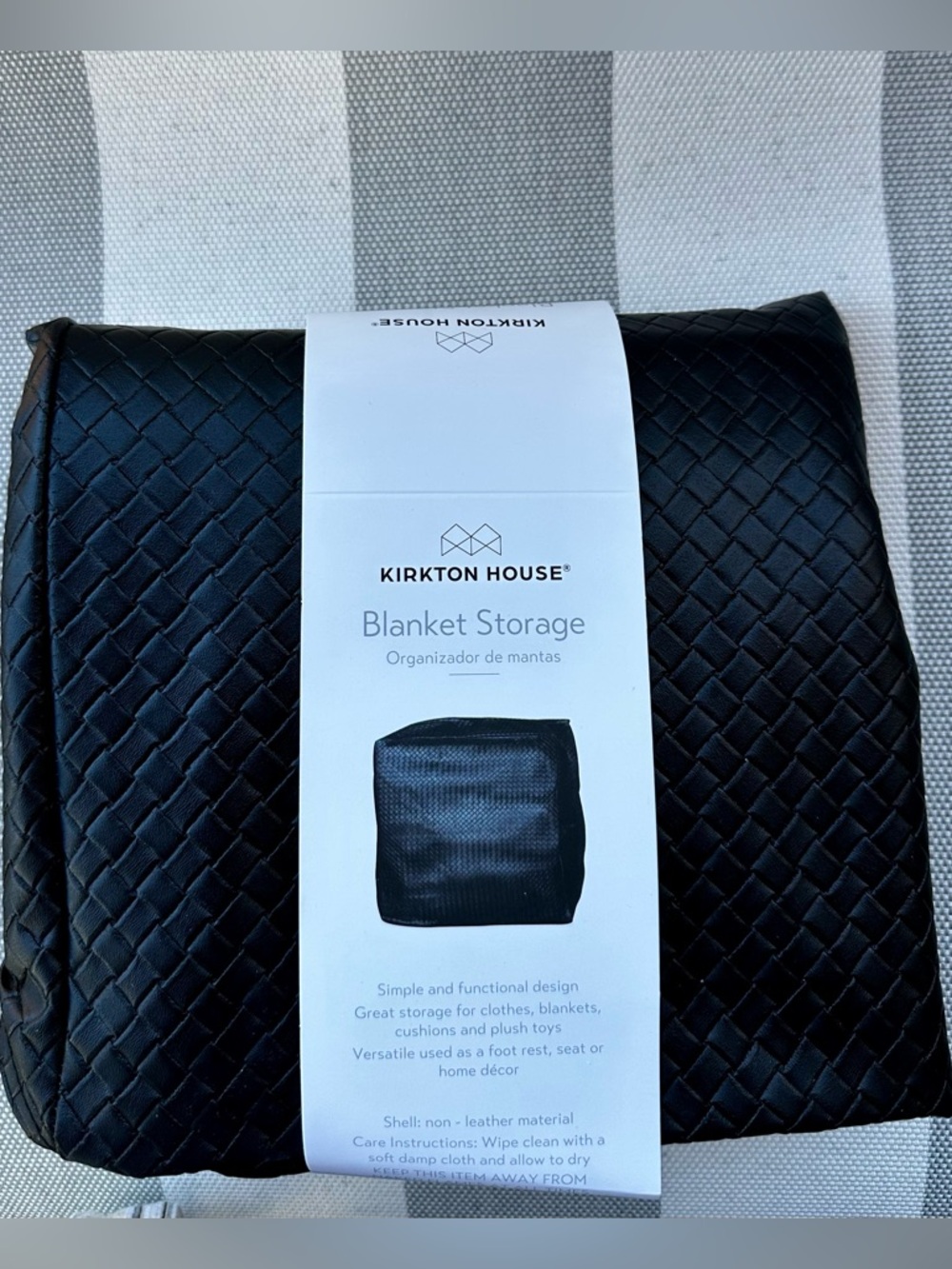 Kirkton House Black Woven Faux Leather Storage Ottoman Pouf NWT